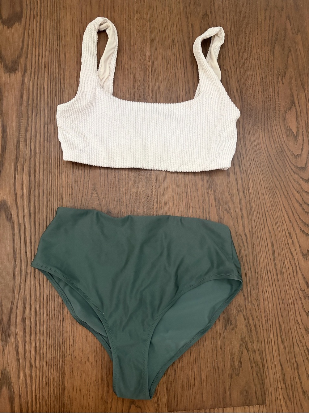 H&M Cream Textured Bikini Top with Green High-Waist Bottoms | size L